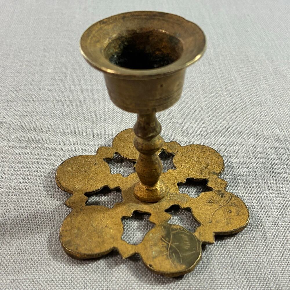 Vintage Brass Mini Chamberstick Finger Loop Candlestick Floral Base China